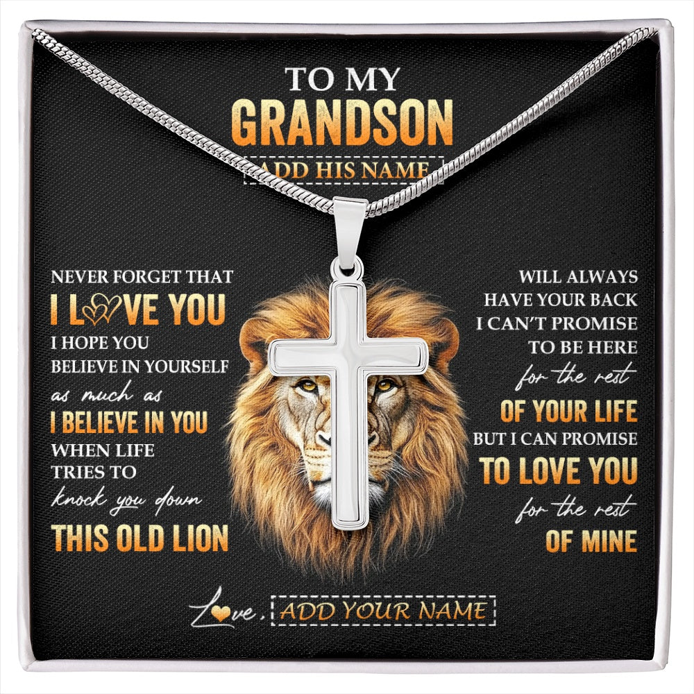 Stainless Cross Necklace Stainless Steel | 1 | Personalized To My Grandson Gifts From Grandpa Papa Necklace Old Lion Love You Grandson Birthday Gifts Graduation Christmas Custom Gift Box Message Card | siriusteestore.myshopify