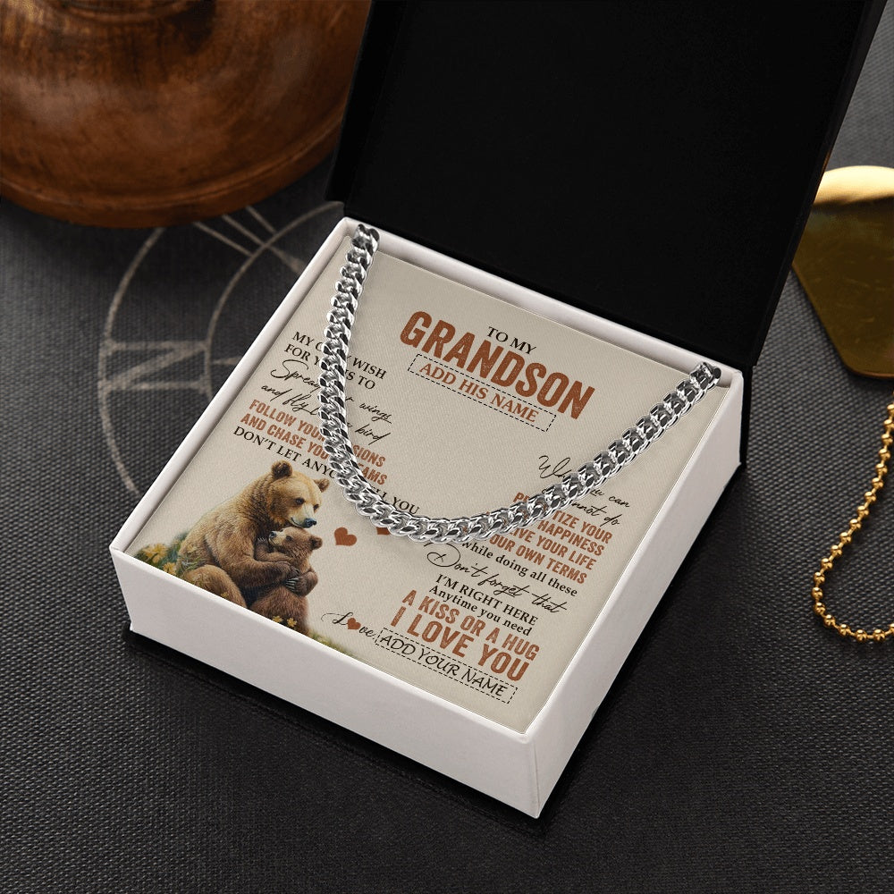 Cuban Link Chain Necklace Stainless Steel | 2 | Personalized To My Grandson Gifts Necklace From Grandma Papa Bear My Only Wish For You Grandson Birthday Gifts Graduation Christmas Gift Box Message Card | siriusteestore.myshopify