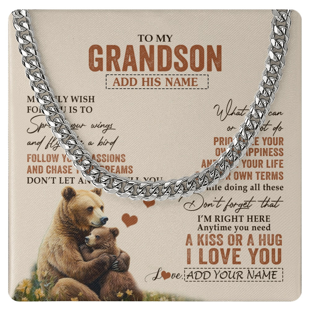 Cuban Link Chain Necklace Stainless Steel | 1 | Personalized To My Grandson Gifts Necklace From Grandma Papa Bear My Only Wish For You Grandson Birthday Gifts Graduation Christmas Gift Box Message Card | siriusteestore.myshopify
