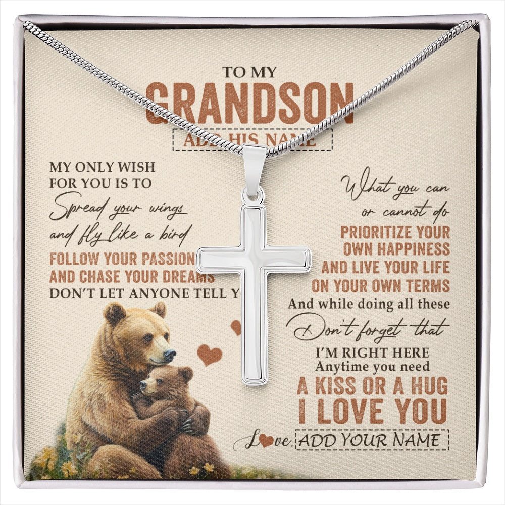 Stainless Cross Necklace Stainless Steel | 1 | Personalized To My Grandson Gifts Necklace From Grandma Papa Bear My Only Wish For You Grandson Birthday Gifts Graduation Christmas Gift Box Message Card | siriusteestore.myshopify