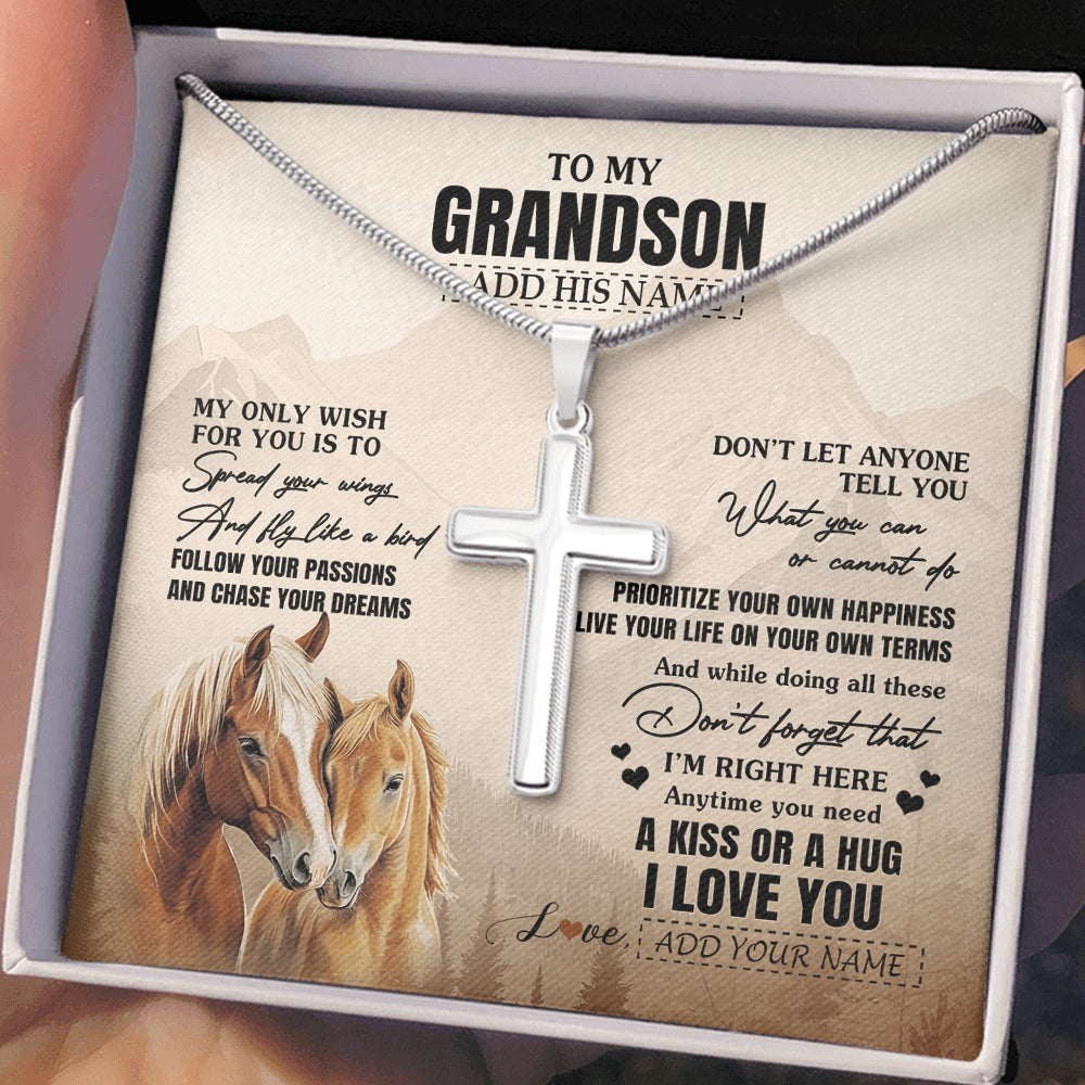 Stainless Cross Necklace Stainless Steel | 2 | Personalized To My Grandson Gifts Necklace From Grandma Papa Horse My Only Wish For You Grandson Birthday Gifts Graduation Christmas Gift Box Message Card | https://siriusteestore.