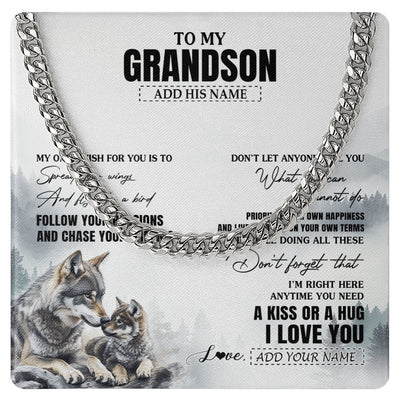 Cuban Link Chain Necklace Stainless Steel | 1 | Personalized To My Grandson Gifts Necklace From Grandma Papa Wolf My Only Wish For You Grandson Birthday Gifts Graduation Christmas Gift Box Message Card | https://siriusteestore.