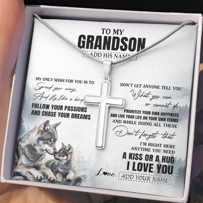 Stainless Cross Necklace Stainless Steel | 2 | Personalized To My Grandson Gifts Necklace From Grandma Papa Wolf My Only Wish For You Grandson Birthday Gifts Graduation Christmas Gift Box Message Card | https://siriusteestore.
