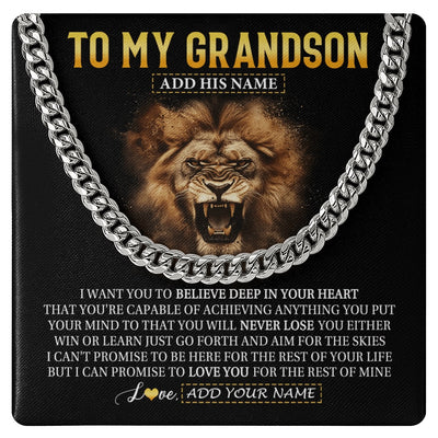 Cuban Link Chain Necklace Stainless Steel | 1 | Personalized To My Grandson Gifts Necklace From Grandpa Grandma Believe In Your Heart Lion Grandson Birthday Gifts Graduation Christmas Gift Box Message Card | https://siriusteestore.