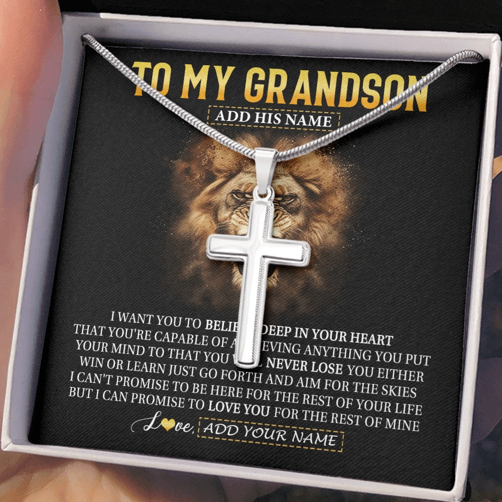 Stainless Cross Necklace Stainless Steel | 2 | Personalized To My Grandson Gifts Necklace From Grandpa Grandma Believe In Your Heart Lion Grandson Birthday Gifts Graduation Christmas Gift Box Message Card | https://siriusteestore.