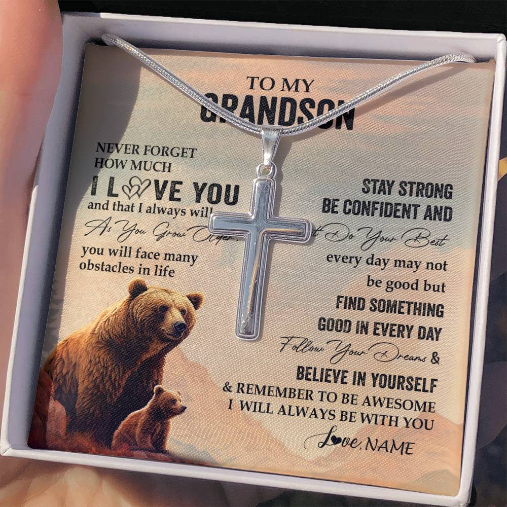 Stainless Cross Necklace Stainless Steel | 2 | Personalized To My Grandson I Love You Forever Necklace From Grandma Grandpa Bear Grandson Birthday Graduation Christmas Customized Gift Box Message Card | siriusteestore