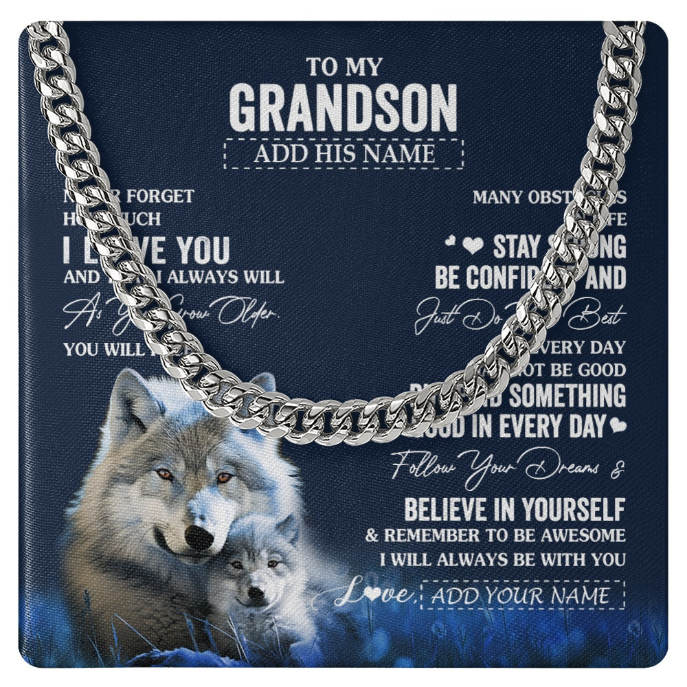 Cuban Link Chain Necklace Stainless Steel | 1 | Personalized To My Grandson I Love You Forever Necklace From Grandma Grandpa Wolf Grandson Birthday Gifts Graduation Christmas Custom Gift Box Message Card | siriusteestore.myshopify