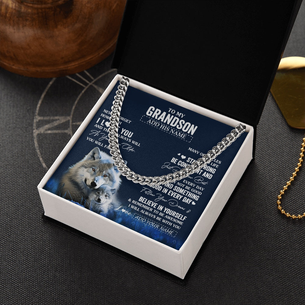 Cuban Link Chain Necklace Stainless Steel | 2 | Personalized To My Grandson I Love You Forever Necklace From Grandma Grandpa Wolf Grandson Birthday Gifts Graduation Christmas Custom Gift Box Message Card | siriusteestore.myshopify