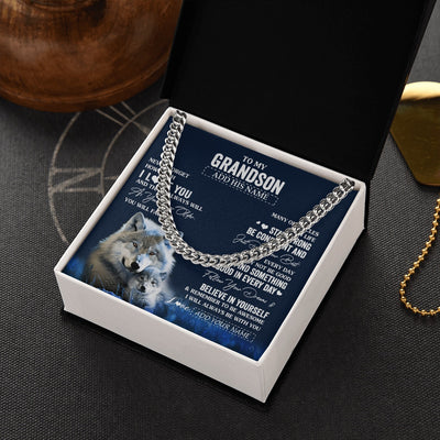 Cuban Link Chain Necklace Stainless Steel | 2 | Personalized To My Grandson I Love You Forever Necklace From Grandma Grandpa Wolf Grandson Birthday Gifts Graduation Christmas Custom Gift Box Message Card | siriusteestore.myshopify