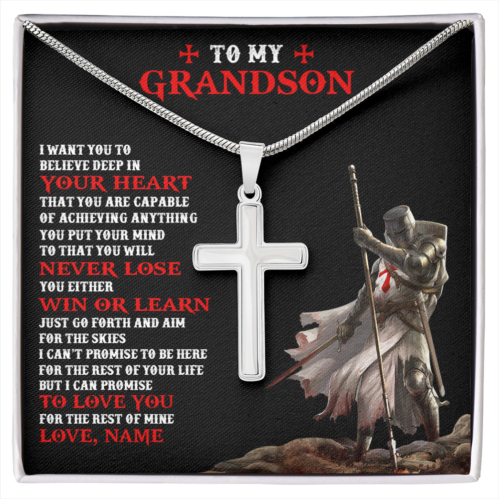 Stainless Cross Necklace Stainless Steel | 1 | Personalized To My Grandson Knight Templar Necklace From Grandpa You Will Never Lose Grandson Birthday Graduation Christmas Customized Gift Box Message Card | siriusteestore