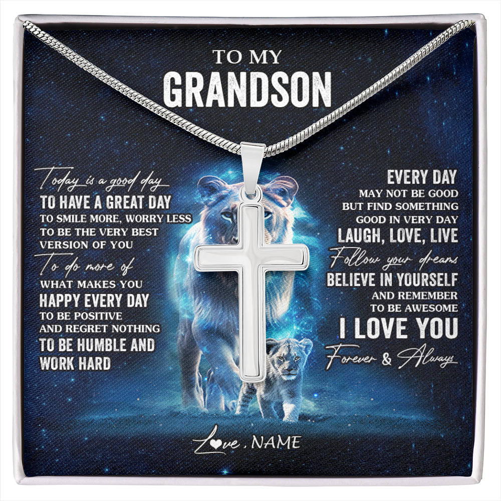 Stainless Cross Necklace Stainless Steel | 1 | Personalized To My Grandson Lion Necklace From Grandma Gigi Today Is A Good Day Grandson Gifts Birthday Graduation Christmas Customized Gift Box Message Card | siriusteestore