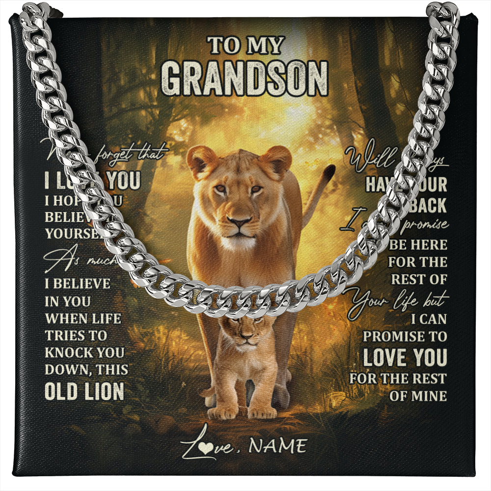 Cuban Link Chain Necklace Stainless Steel | 1 | Personalized To My Grandson Lion Necklace From Grandma Never Forget That I Love You Grandson Birthday Graduation Christmas Customized Gift Box Message Card | siriusteestore