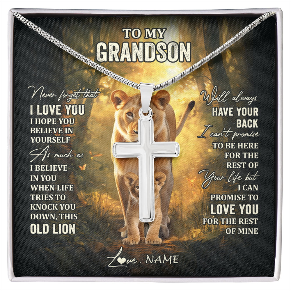 Stainless Cross Necklace Stainless Steel | 1 | Personalized To My Grandson Lion Necklace From Grandma Never Forget That I Love You Grandson Birthday Graduation Christmas Customized Gift Box Message Card | siriusteestore