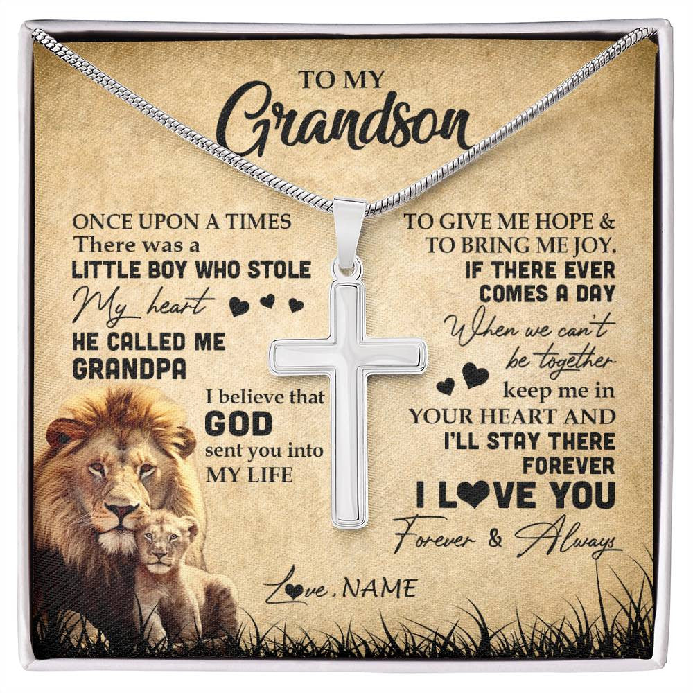 Stainless Cross Necklace | Personalized To My Grandson Lion Necklace From Grandpa I'll Stay There Forever Grandson Birthday Graduation Christmas Customized Gift Box Message Card | siriusteestore