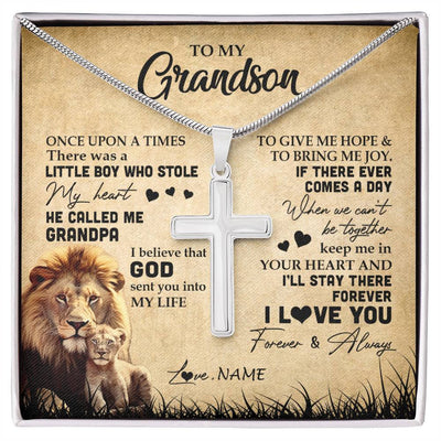 Stainless Cross Necklace | Personalized To My Grandson Lion Necklace From Grandpa I'll Stay There Forever Grandson Birthday Graduation Christmas Customized Gift Box Message Card | siriusteestore