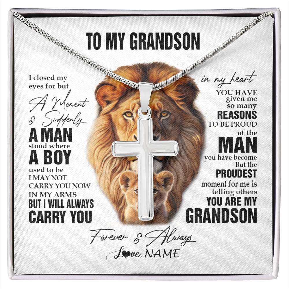 Stainless Cross Necklace Stainless Steel | 1 | Personalized To My Grandson Lion Necklace From Papa Grandpa I Closed My Eyes Great Grandson Birthday Graduation Christmas Customized Gift Box Message Card | siriusteestore
