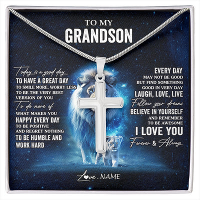 Stainless Cross Necklace Stainless Steel | 1 | Personalized To My Grandson Lion Necklace From Papa Grandpa Today Is A Good Day Grandson Gifts Birthday Graduation Christmas Customized Gift Box Message Card | siriusteestore