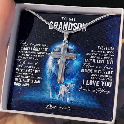 Stainless Cross Necklace Stainless Steel | 2 | Personalized To My Grandson Lion Necklace From Papa Grandpa Today Is A Good Day Grandson Gifts Birthday Graduation Christmas Customized Gift Box Message Card | siriusteestore