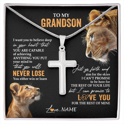 Stainless Cross Necklace Stainless Steel | 1 | Personalized To My Grandson Necklace From Grandma Gigi You Will Never Lose Lion Grandson Birthday Gifts Graduation Christmas Customized Gift Box Message Card | siriusteestore