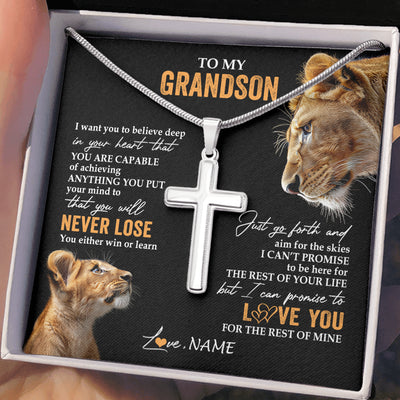 Stainless Cross Necklace Stainless Steel | 2 | Personalized To My Grandson Necklace From Grandma Gigi You Will Never Lose Lion Grandson Birthday Gifts Graduation Christmas Customized Gift Box Message Card | siriusteestore