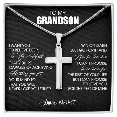 Stainless Cross Necklace Stainless Steel | 1 | Personalized To My Grandson Necklace From Grandma Grandpa Believe Deep In Your Heart Grandson Birthday Jewelry For Men Customized Gift Box Message Card | siriusteestore