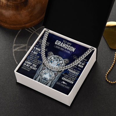 Cuban Link Chain Necklace Stainless Steel | 2 | Personalized To My Grandson Necklace From Grandma Grandpa I Close My Eyes White Tiger Grandson Birthday Gift Graduation Christmas Jewelry Gift Box Message Card | https://siriusteestore.
