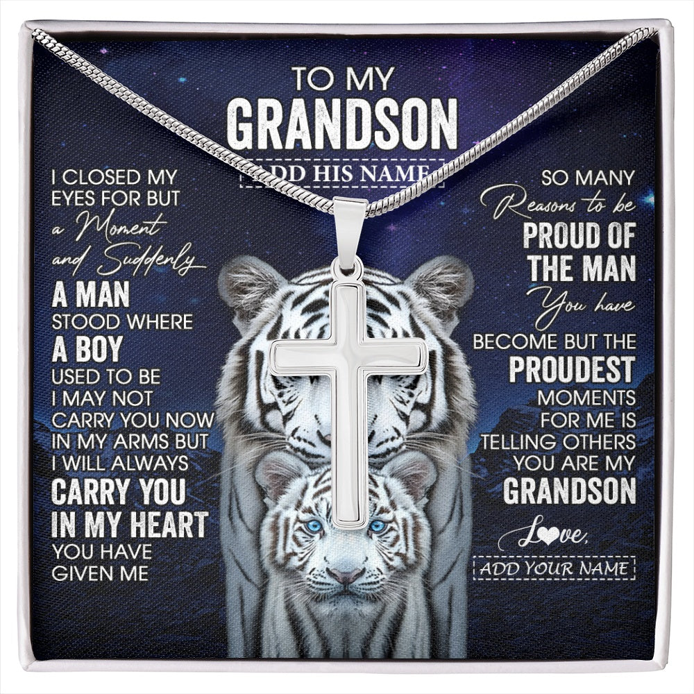 Stainless Cross Necklace Stainless Steel | 1 | Personalized To My Grandson Necklace From Grandma Grandpa I Close My Eyes White Tiger Grandson Birthday Gift Graduation Christmas Jewelry Gift Box Message Card | https://siriusteestore.