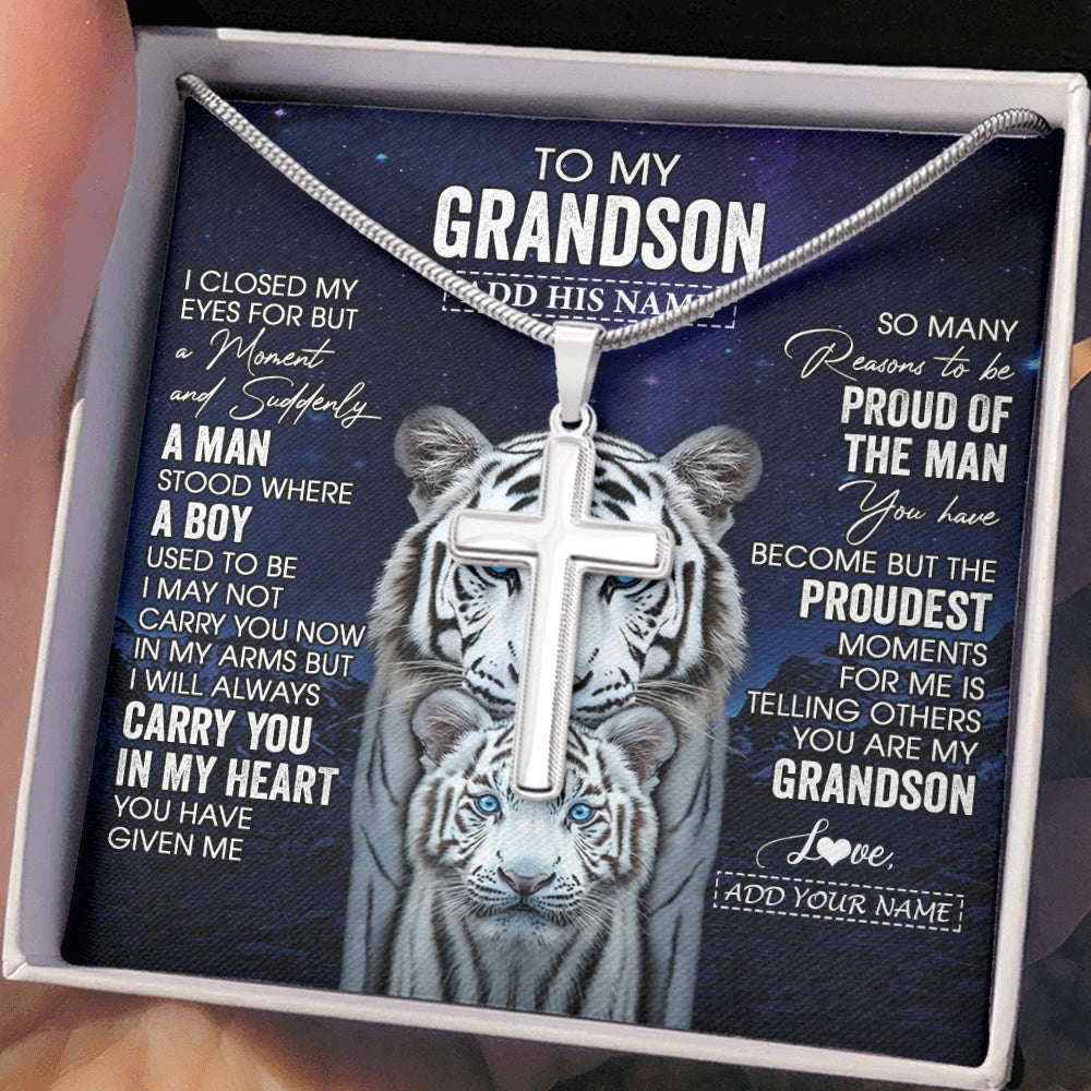 Stainless Cross Necklace Stainless Steel | 2 | Personalized To My Grandson Necklace From Grandma Grandpa I Close My Eyes White Tiger Grandson Birthday Gift Graduation Christmas Jewelry Gift Box Message Card | https://siriusteestore.
