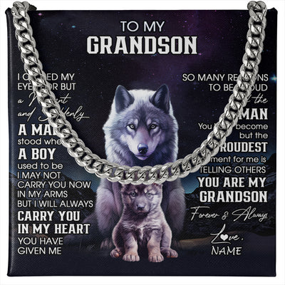 Cuban Link Chain Necklace Stainless Steel | 1 | Personalized To My Grandson Necklace From Grandma Grandpa I Close My Eyes Wolf Grandson Birthday Gifts Graduation Christmas Customized Gift Box Message Card | siriusteestore