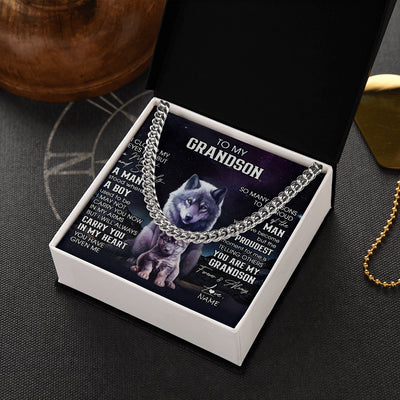 Cuban Link Chain Necklace Stainless Steel | 2 | Personalized To My Grandson Necklace From Grandma Grandpa I Close My Eyes Wolf Grandson Birthday Gifts Graduation Christmas Customized Gift Box Message Card | siriusteestore