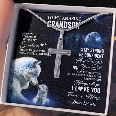 Stainless Cross Necklace Stainless Steel | 2 | Personalized To My Grandson Necklace From Grandma Grandpa Moon Wolf Grandson Birthday Gifts Graduation Christmas Customized Gift Box Message Card | siriusteestore