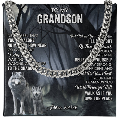 Cuban Link Chain Necklace Stainless Steel | 1 | Personalized To My Grandson Necklace From Grandma Grandpa Never Feel That You Are Alone Wolf Grandson Birthday Gifts Christmas Customized Gift Box Message Card | siriusteestore
