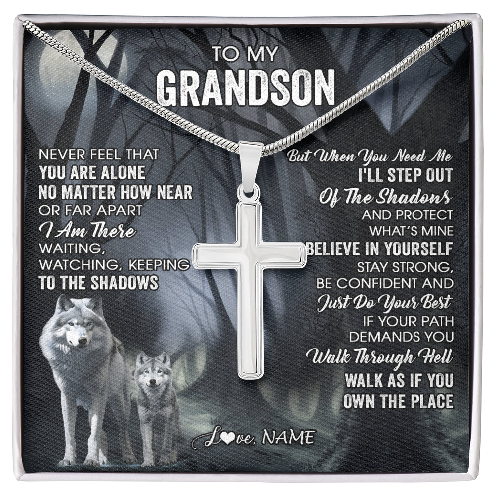 Stainless Cross Necklace Stainless Steel | 1 | Personalized To My Grandson Necklace From Grandma Grandpa Never Feel That You Are Alone Wolf Grandson Birthday Gifts Christmas Customized Gift Box Message Card | siriusteestore