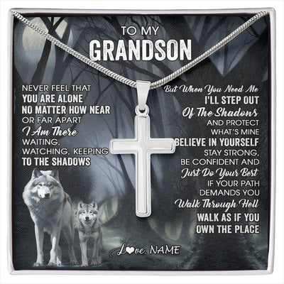 Stainless Cross Necklace Stainless Steel | 1 | Personalized To My Grandson Necklace From Grandma Grandpa Never Feel That You Are Alone Wolf Grandson Birthday Gifts Christmas Customized Gift Box Message Card | siriusteestore