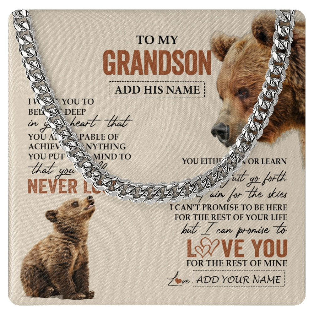 Cuban Link Chain Necklace Stainless Steel | 1 | Personalized To My Grandson Necklace From Grandma Grandpa You Will Never Lose Bear Grandson Birthday Gifts Graduation Christmas Custom Gift Box Message Card | siriusteestore.myshopify
