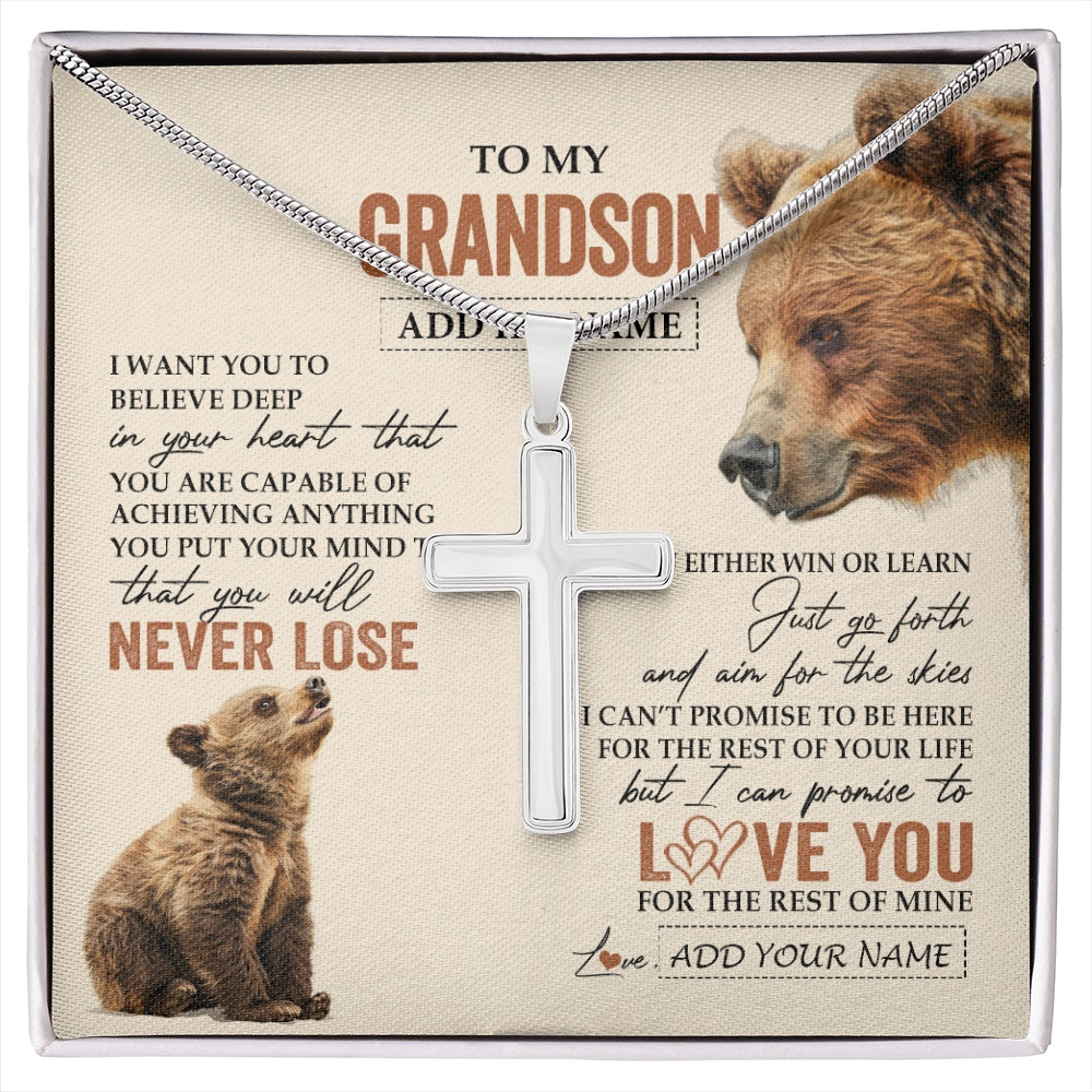 Stainless Cross Necklace Stainless Steel | 1 | Personalized To My Grandson Necklace From Grandma Grandpa You Will Never Lose Bear Grandson Birthday Gifts Graduation Christmas Custom Gift Box Message Card | siriusteestore.myshopify