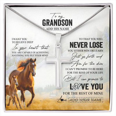 Stainless Cross Necklace Stainless Steel | 1 | Personalized To My Grandson Necklace From Grandma Grandpa You Will Never Lose Horse Grandson Birthday Gifts Graduation Christmas Custom Gift Box Message Card | siriusteestore