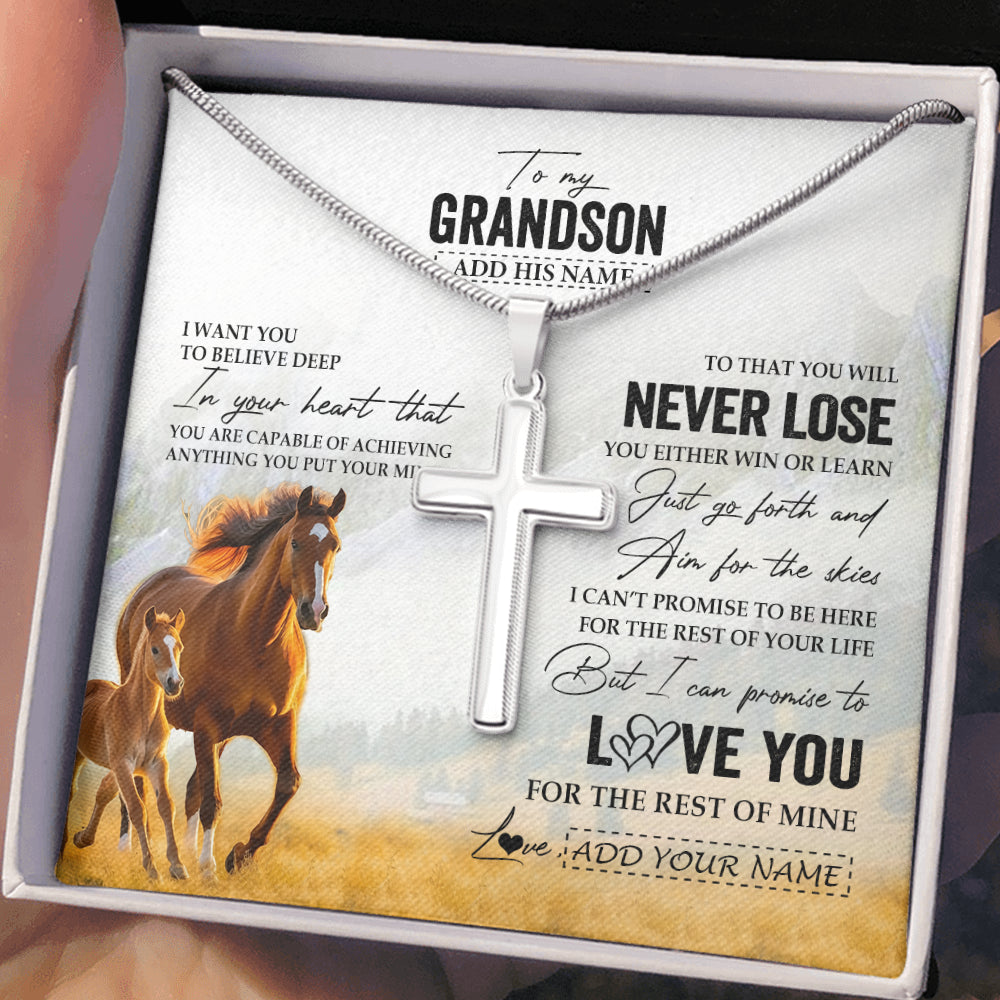 Stainless Cross Necklace Stainless Steel | 2 | Personalized To My Grandson Necklace From Grandma Grandpa You Will Never Lose Horse Grandson Birthday Gifts Graduation Christmas Custom Gift Box Message Card | siriusteestore