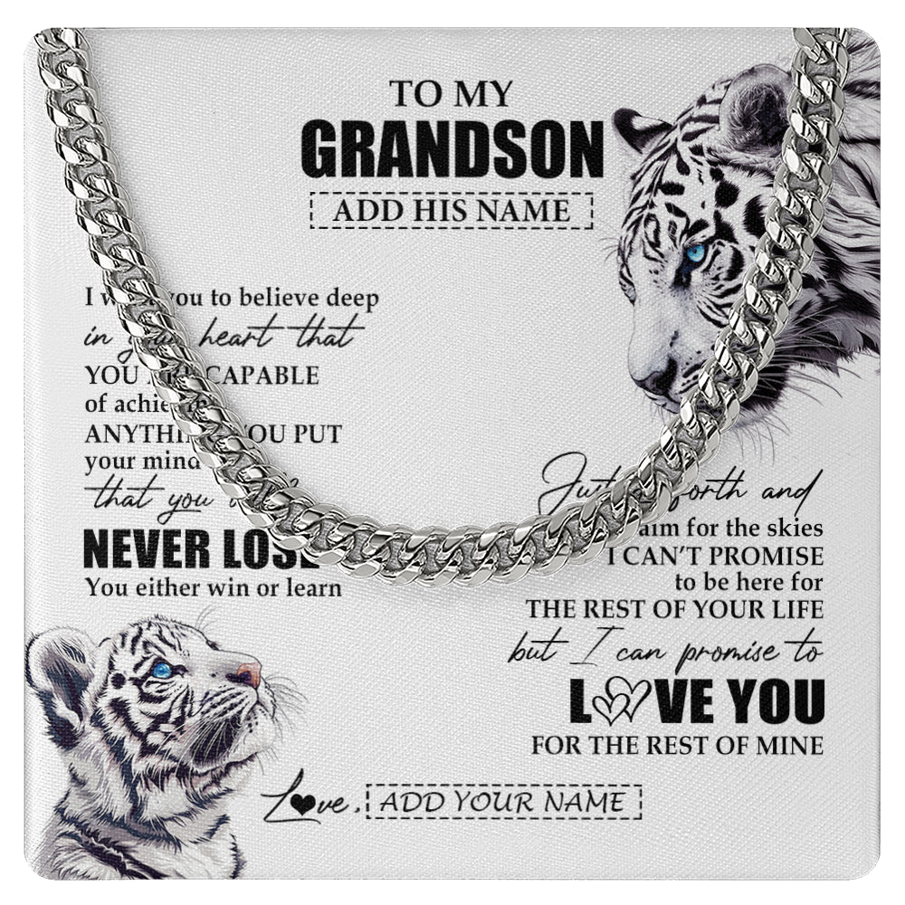 Cuban Link Chain Necklace Stainless Steel | 1 | Personalized To My Grandson Necklace From Grandma Grandpa You Will Never Lose White Tiger Grandson Birthday Gifts Graduation Christmas Gift Box Message Card | siriusteestore