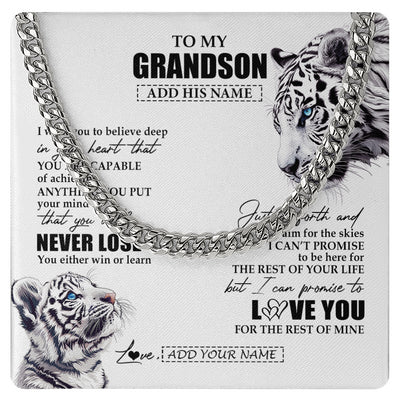 Cuban Link Chain Necklace Stainless Steel | 1 | Personalized To My Grandson Necklace From Grandma Grandpa You Will Never Lose White Tiger Grandson Birthday Gifts Graduation Christmas Gift Box Message Card | siriusteestore