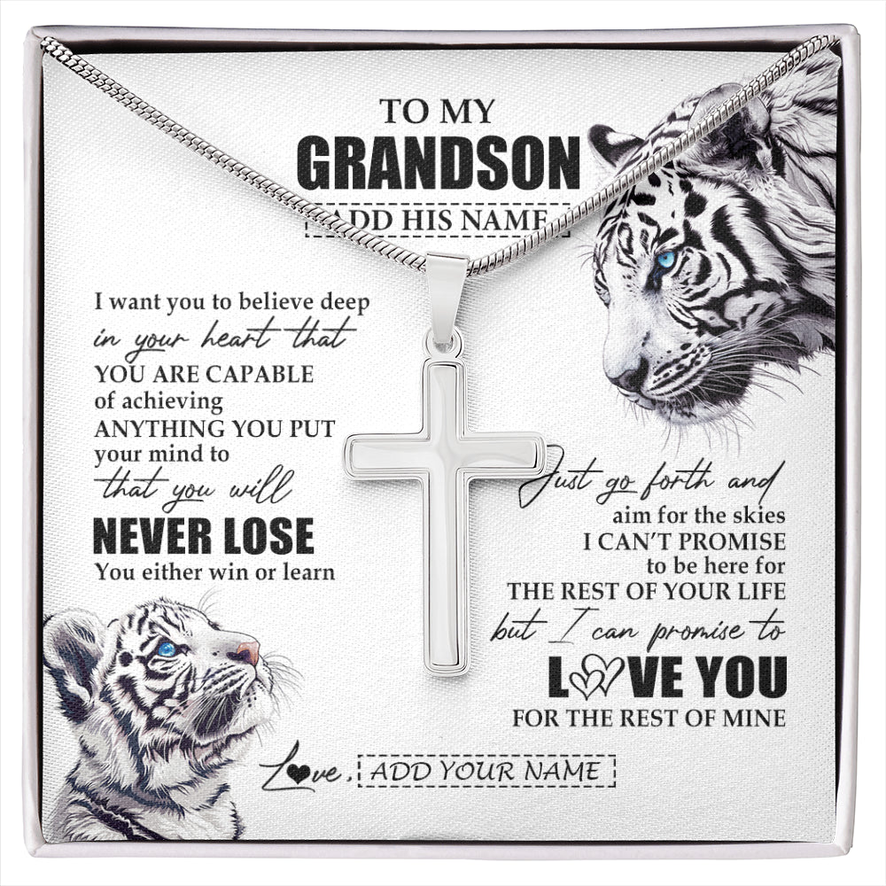 Stainless Cross Necklace Stainless Steel | 1 | Personalized To My Grandson Necklace From Grandma Grandpa You Will Never Lose White Tiger Grandson Birthday Gifts Graduation Christmas Gift Box Message Card | siriusteestore