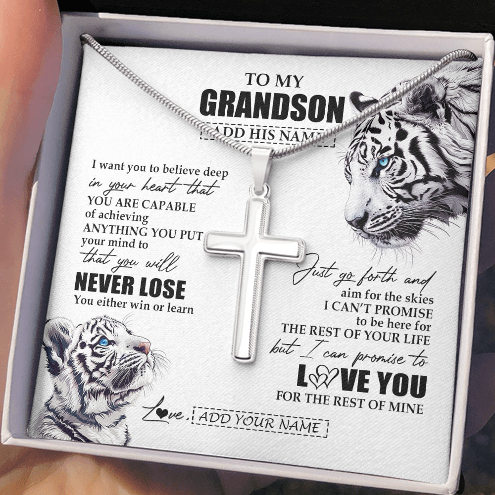 Stainless Cross Necklace Stainless Steel | 2 | Personalized To My Grandson Necklace From Grandma Grandpa You Will Never Lose White Tiger Grandson Birthday Gifts Graduation Christmas Gift Box Message Card | siriusteestore