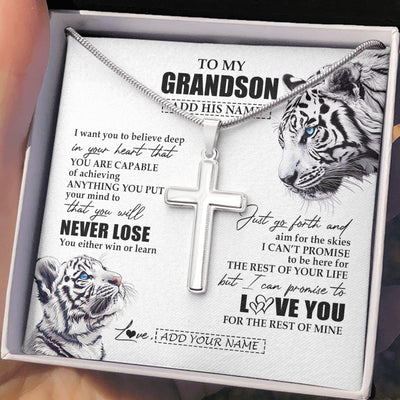 Stainless Cross Necklace Stainless Steel | 2 | Personalized To My Grandson Necklace From Grandma Grandpa You Will Never Lose White Tiger Grandson Birthday Gifts Graduation Christmas Gift Box Message Card | siriusteestore