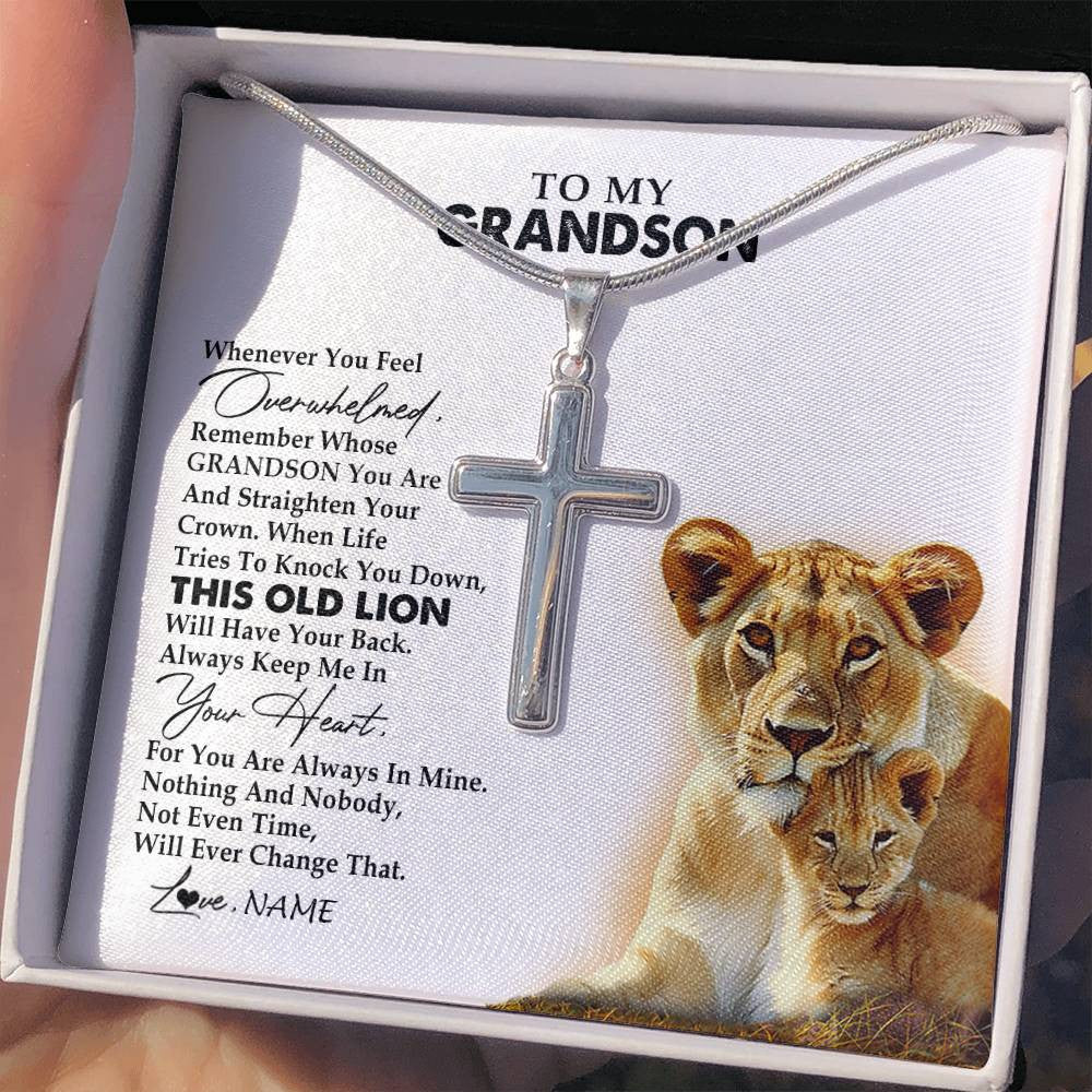 Stainless Cross Necklace Stainless Steel | 2 | Personalized To My Grandson Necklace From Grandma Granny Whenever You Fell Overwhelmed Lion Grandson Birthday Christmas Customized Gift Box Message Card | siriusteestore