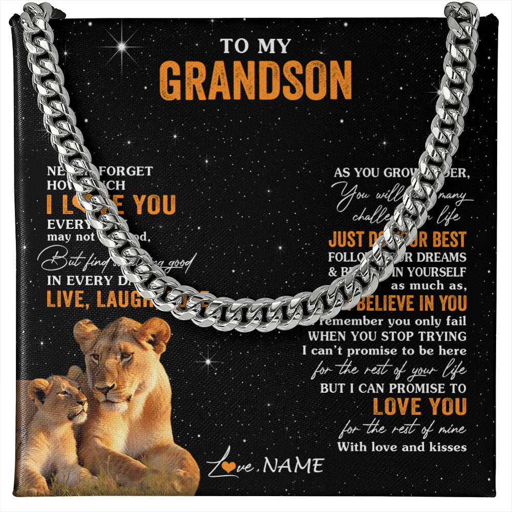 Cuban Link Chain Necklace Stainless Steel | 1 | Personalized To My Grandson Necklace From Grandma Live Laugh Love Lion Grandson Birthday Gifts Positive Graduation Christmas Customized Gift Box Message Card | siriusteestore