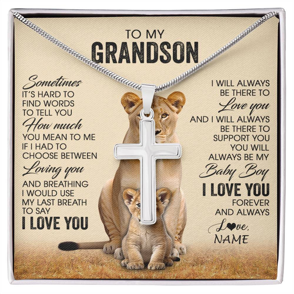 Stainless Cross Necklace Stainless Steel | 1 | Personalized To My Grandson Necklace From Grandma Mimi Sometimes It's Hard Lion Grandson Gift Birthday Jewelry Christmas Customized Gift Box Message Card | siriusteestore
