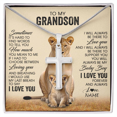 Stainless Cross Necklace Stainless Steel | 1 | Personalized To My Grandson Necklace From Grandma Mimi Sometimes It's Hard Lion Grandson Gift Birthday Jewelry Christmas Customized Gift Box Message Card | siriusteestore