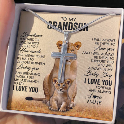 Stainless Cross Necklace Stainless Steel | 2 | Personalized To My Grandson Necklace From Grandma Mimi Sometimes It's Hard Lion Grandson Gift Birthday Jewelry Christmas Customized Gift Box Message Card | siriusteestore