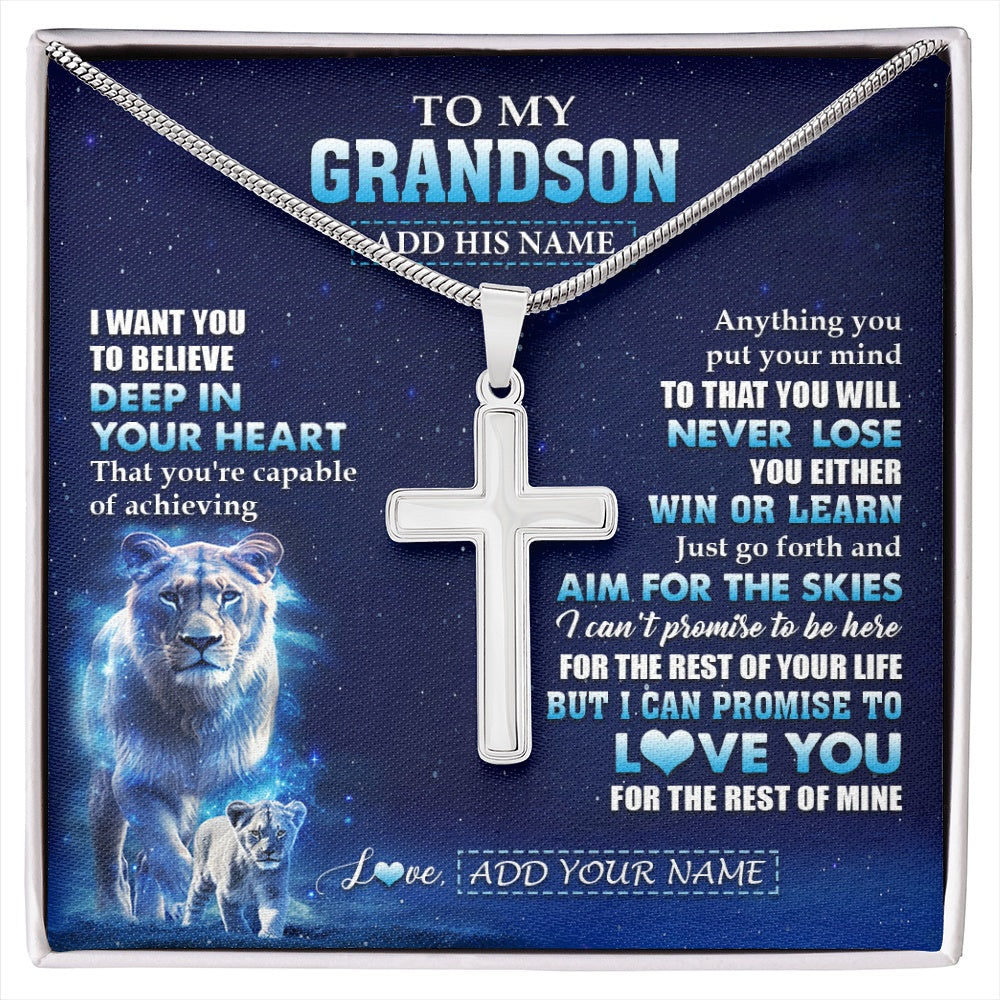 Stainless Cross Necklace Stainless Steel | 1 | Personalized To My Grandson Necklace From Grandma Nana Believe Your Heart Grandson Gift Birthday Graduation Christmas Customized Gift Box Message Card | siriusteestore.myshopify