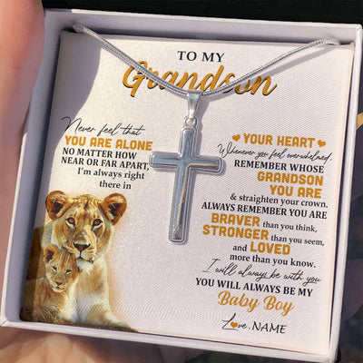 Stainless Cross Necklace Stainless Steel | 2 | Personalized To My Grandson Necklace From Grandma Nana Lion Never Feel That You Are Alone Great Grandson Birthday Christmas Customized Gift Box Message Card | siriusteestore